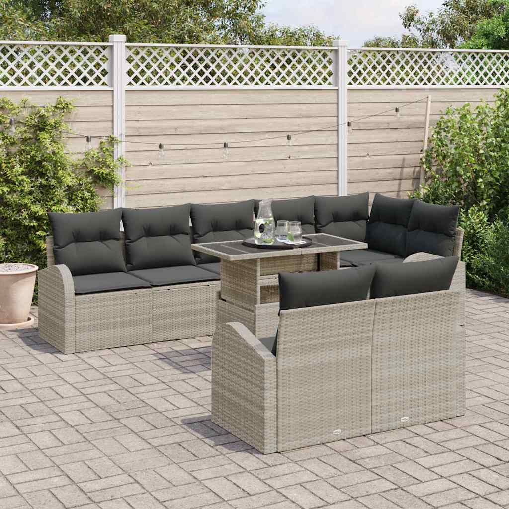 Set Divano da Giardino 9 pz Grigio chiaro polyrattan