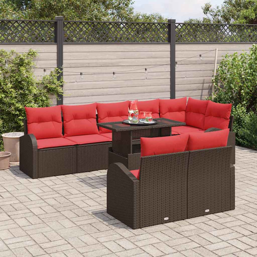 Set Divano da Giardino 9 pcs Marrone e Rosso polyrattan | homemem39