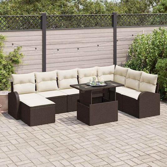 Set Divano da Giardino con cuscino 9 pcs Marrone e crema