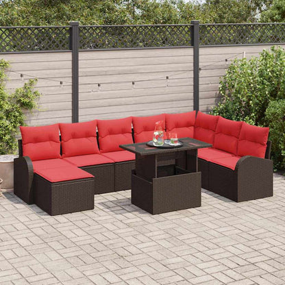 Set Divano da Giardino 9 pcs Marrone e Rosso polyrattan | homemem39