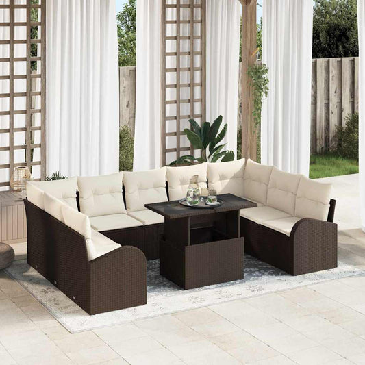 Set Divano da Giardino 10 pcs Marrone e Crema polyrattan