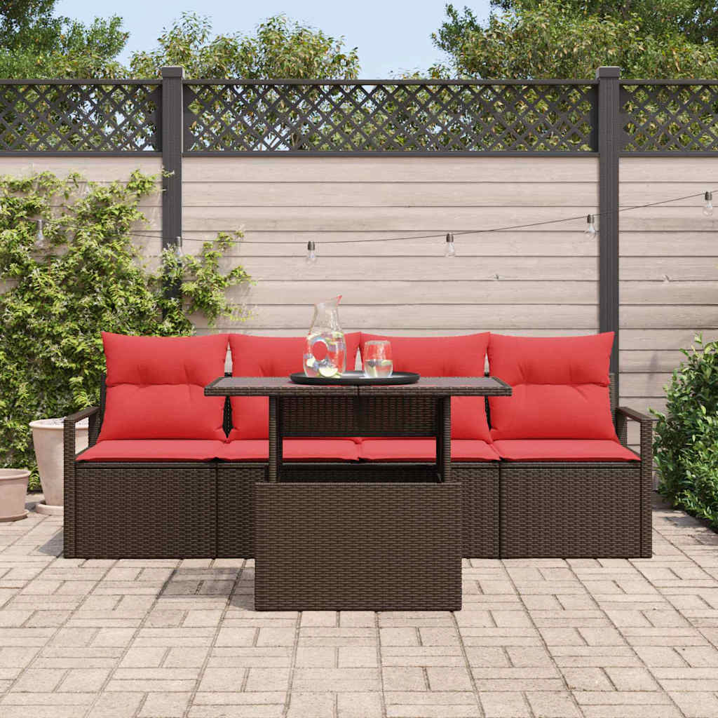 Set Divano da Giardino 5 pcs Marrone e Rosso polyrattan | homemem39