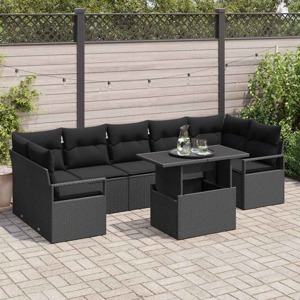 Set Divano da Giardino con cuscino 8 pcs Nero polyrattan | homemem39