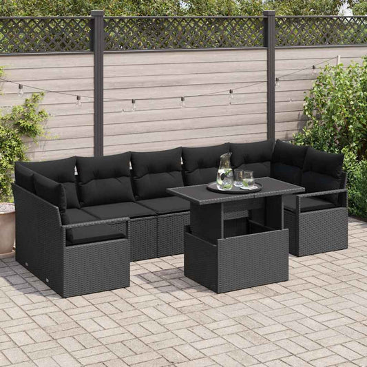 Set Divano da Giardino con cuscino 8 pcs Nero polyrattan