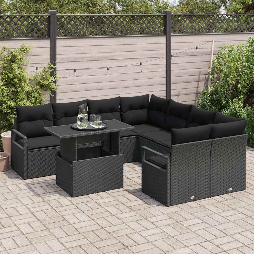 Set Divano da Giardino con cuscino 9 pcs Nero polyrattan | homemem39