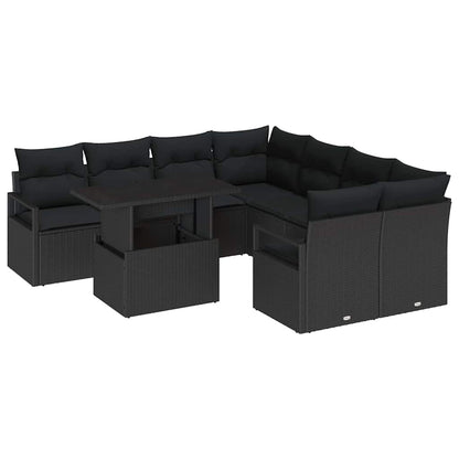 Set Divano da Giardino con cuscino 9 pcs Nero polyrattan | homemem39