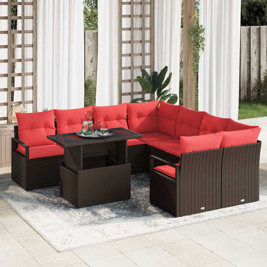 Set Divano da Giardino 9 pcs Marrone e Rosso polyrattan | homemem39