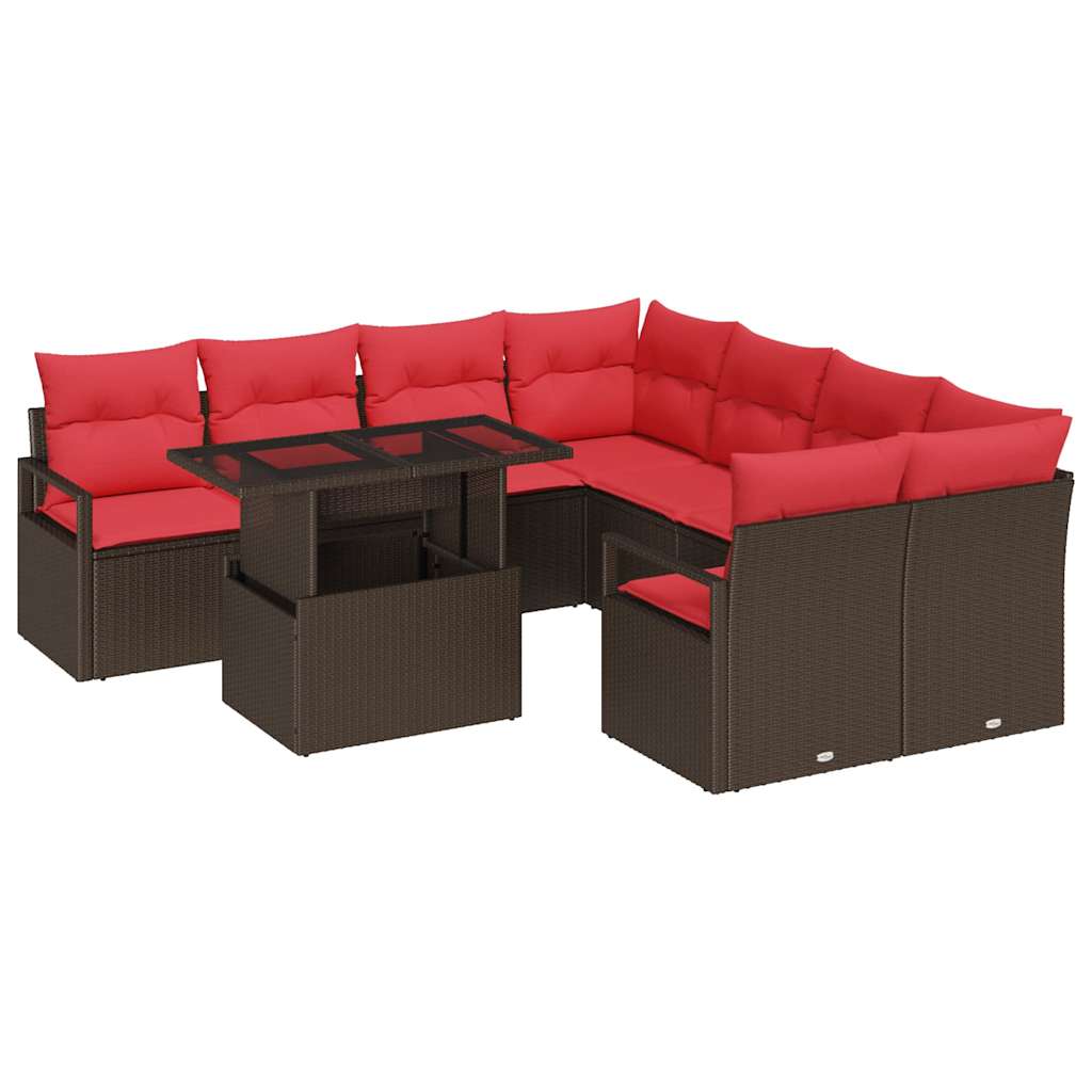 Set Divano da Giardino 9 pcs Marrone e Rosso polyrattan | homemem39