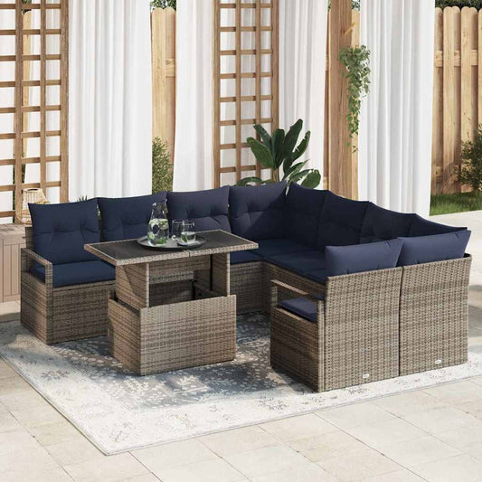 Set Divano da Giardino 9 pcs Grigio e Blu Navy polyrattan