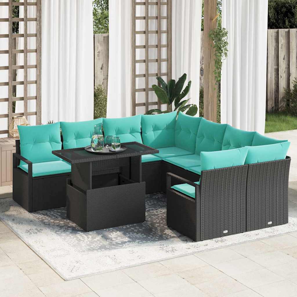 Set Divano da Giardino con cuscino 9 pcs Nero e Blu polyrattan | homemem39