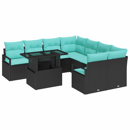 Set Divano da Giardino con cuscino 9 pcs Nero e Blu polyrattan | homemem39