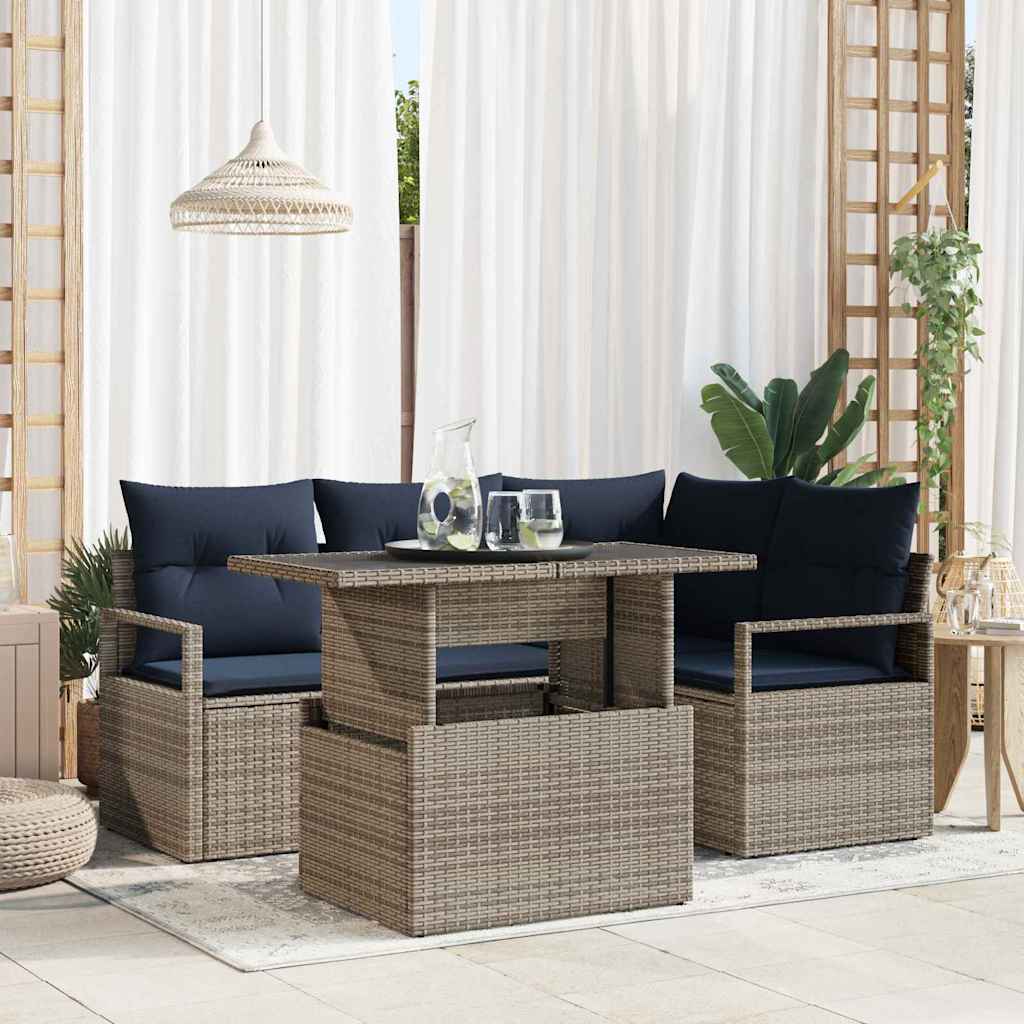 Set Divano da Giardino 5 pcs Grigio e Blu Navy polyrattan | homemem39