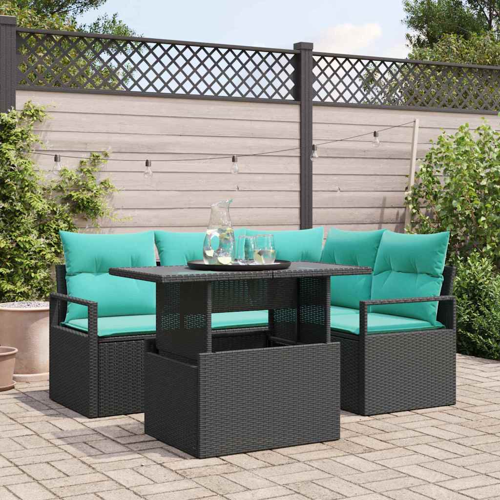 Set Divano da Giardino con cuscino 5 pcs Nero e blu polyrattan | homemem39