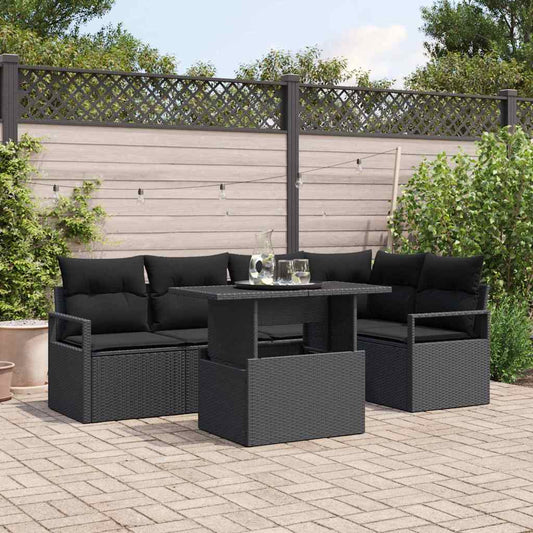 Set Divano da Giardino 6 pz 5-Numero di posti Nero polyrattan