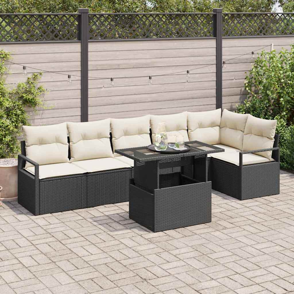 Set Divano da Giardino con cuscino 7 pcs Nero Poly Rattan | homemem39