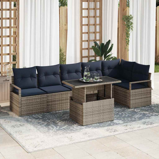 Set Divano da Giardino 7 pcs Grigio e Blu Navy polyrattan