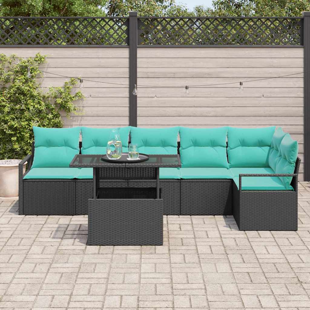Set Divano da Giardino con cuscino 7 pcs Nero e Blu polyrattan | homemem39