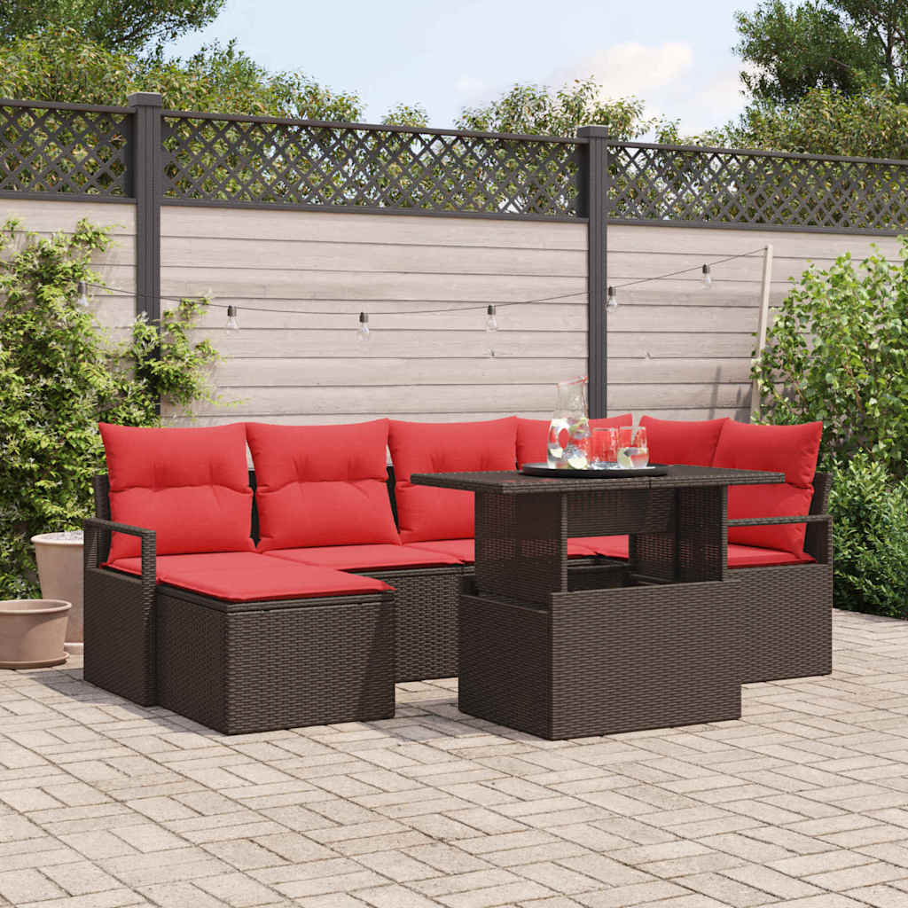 Set Divano da Giardino 7 pcs Marrone e Rosso Poly Rattan | homemem39