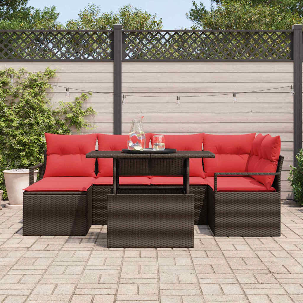 Set Divano da Giardino 7 pcs Marrone e Rosso Poly Rattan | homemem39