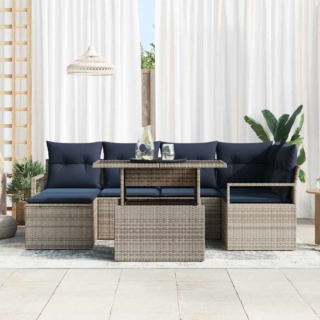 Set Divano da Giardino 7 pcs Grigio e Blu Navy Poly Rattan | homemem39