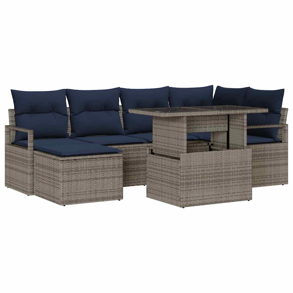 Set Divano da Giardino 7 pcs Grigio e Blu Navy Poly Rattan | homemem39