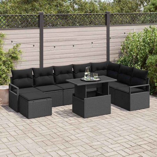 Set Divano da Giardino con cuscino 9 pcs Nero