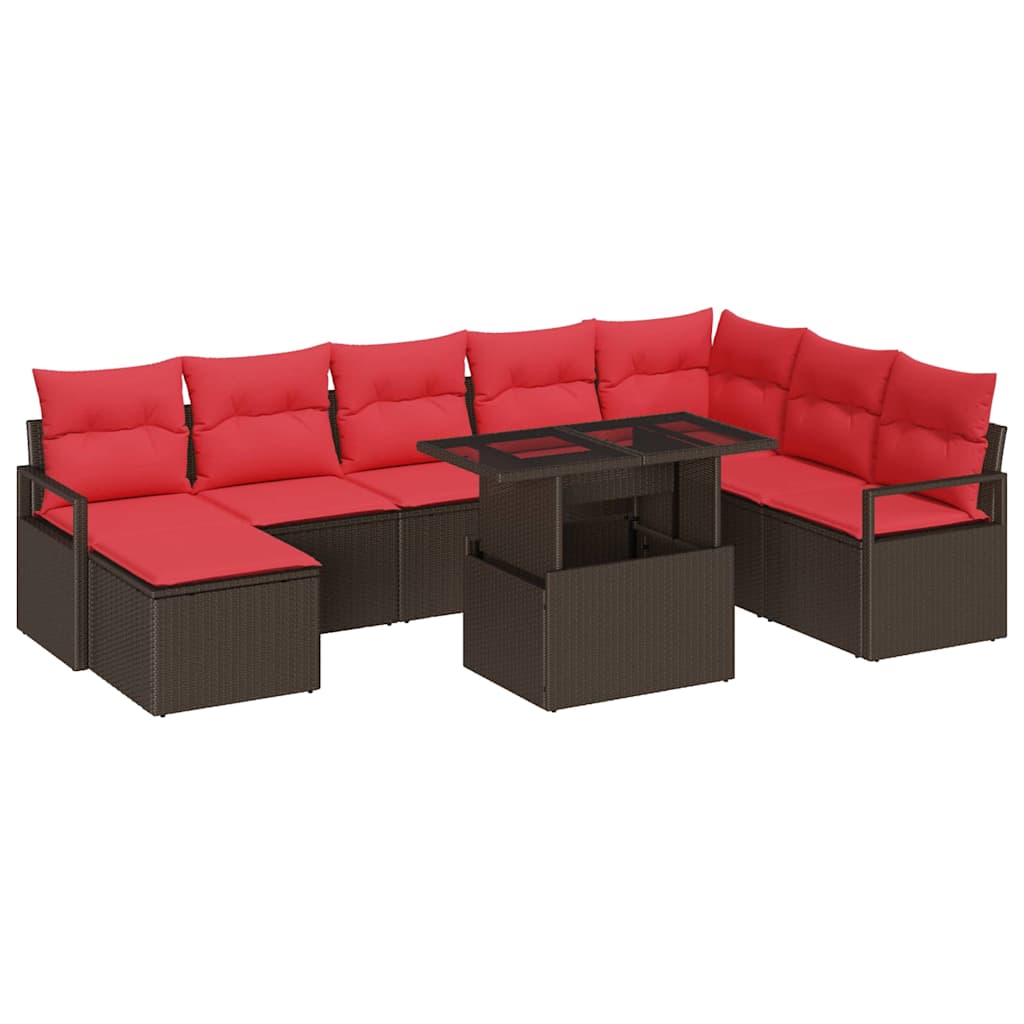 Set Divano da Giardino 9 pcs Marrone e Rosso polyrattan