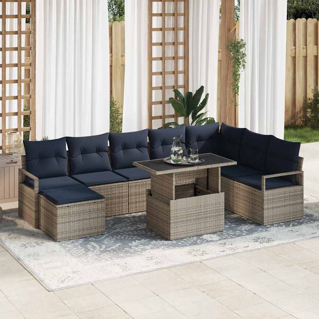 Set Divano da Giardino con cuscino 9 pcs grigio e blu navy | homemem39