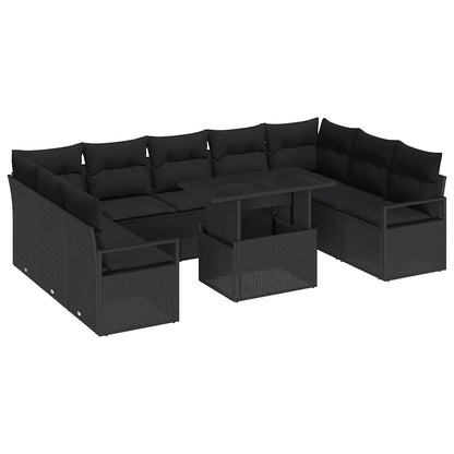 Set Divano da Giardino 10 pz 9-Numero di posti Nero polyrattan
