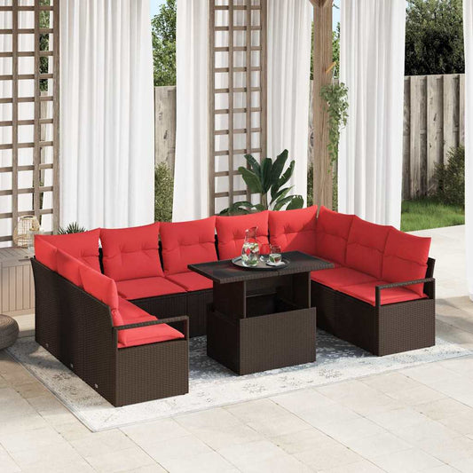 Set Divano da Giardino 10 pz 9-Numero di posti Marrone e Rosso | homemem39