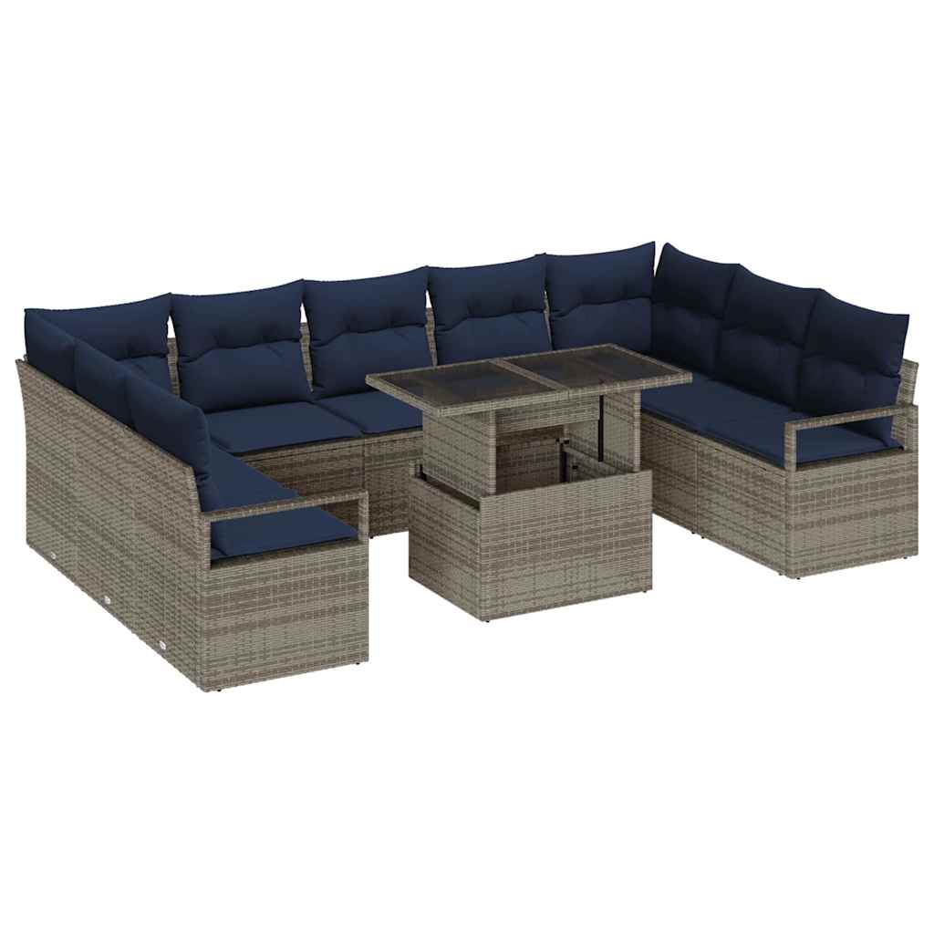 Set Divano da Giardino 10 pcs Grigio e Blu Navy Poly Rattan | homemem39