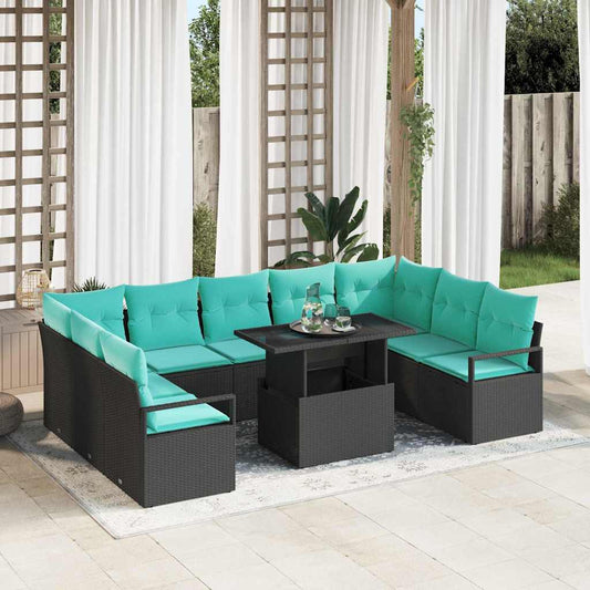 Set Divano da Giardino 10 pcs Nero e Blu Poly Rattan | homemem39