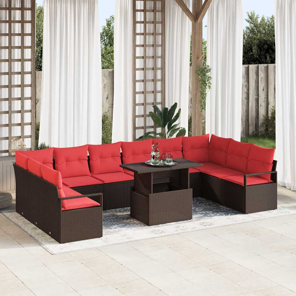 Set Divano da Giardino 11 pcs Marrone e Rosso polyrattan | homemem39