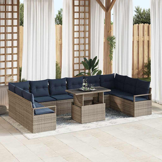 Set Divano da Giardino 11 pcs Grigio e Blu Navy polyrattan