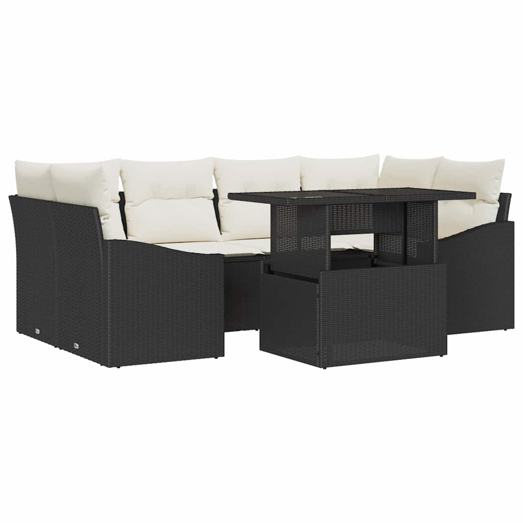 Set Divano da Giardino 7 pcs Nero e crema polyrattan | homemem39