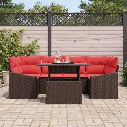 Set Divano da Giardino 7 pz Marrone e Rosso Poly Rattan | homemem39