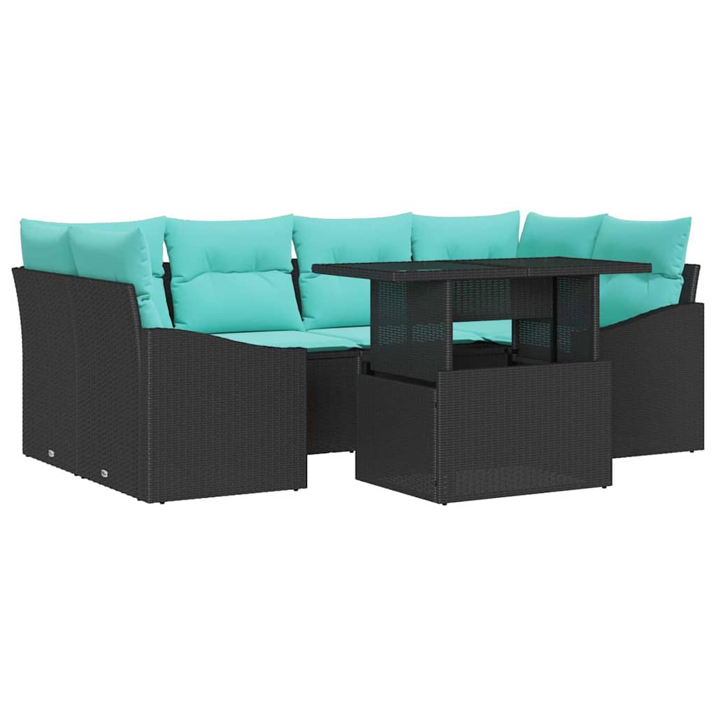 Set Divano da Giardino con cuscino 7 pcs Nero e Blu Poly Rattan | homemem39
