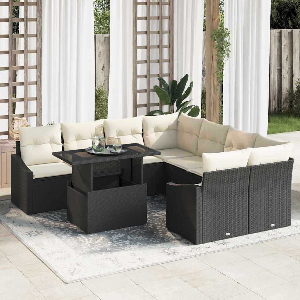Set Divano da Giardino 9 pcs Nero e Crema polyrattan | homemem39