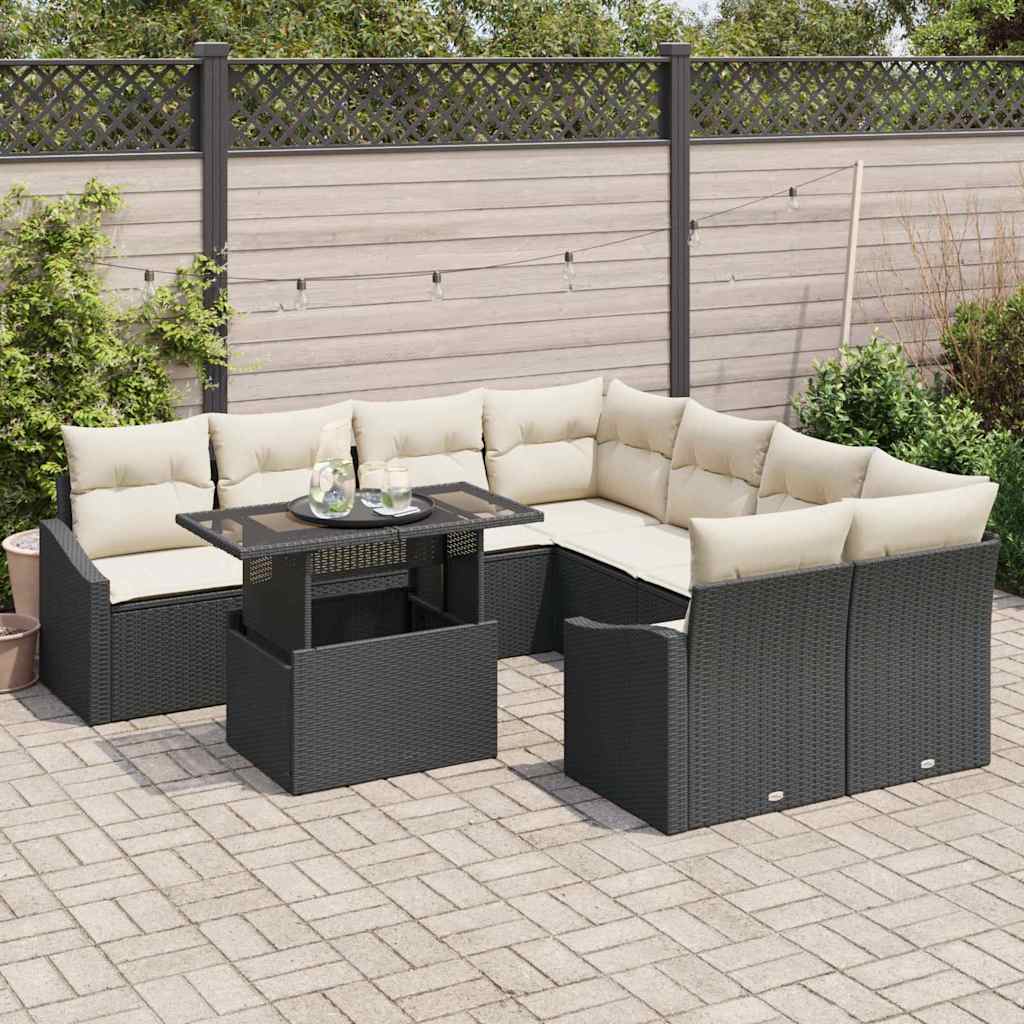 Set Divano da Giardino 9 pcs Nero e Crema polyrattan | homemem39
