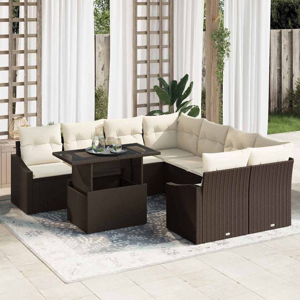 Set Divano da Giardino 9 pcs Marrone e Crema polyrattan | homemem39