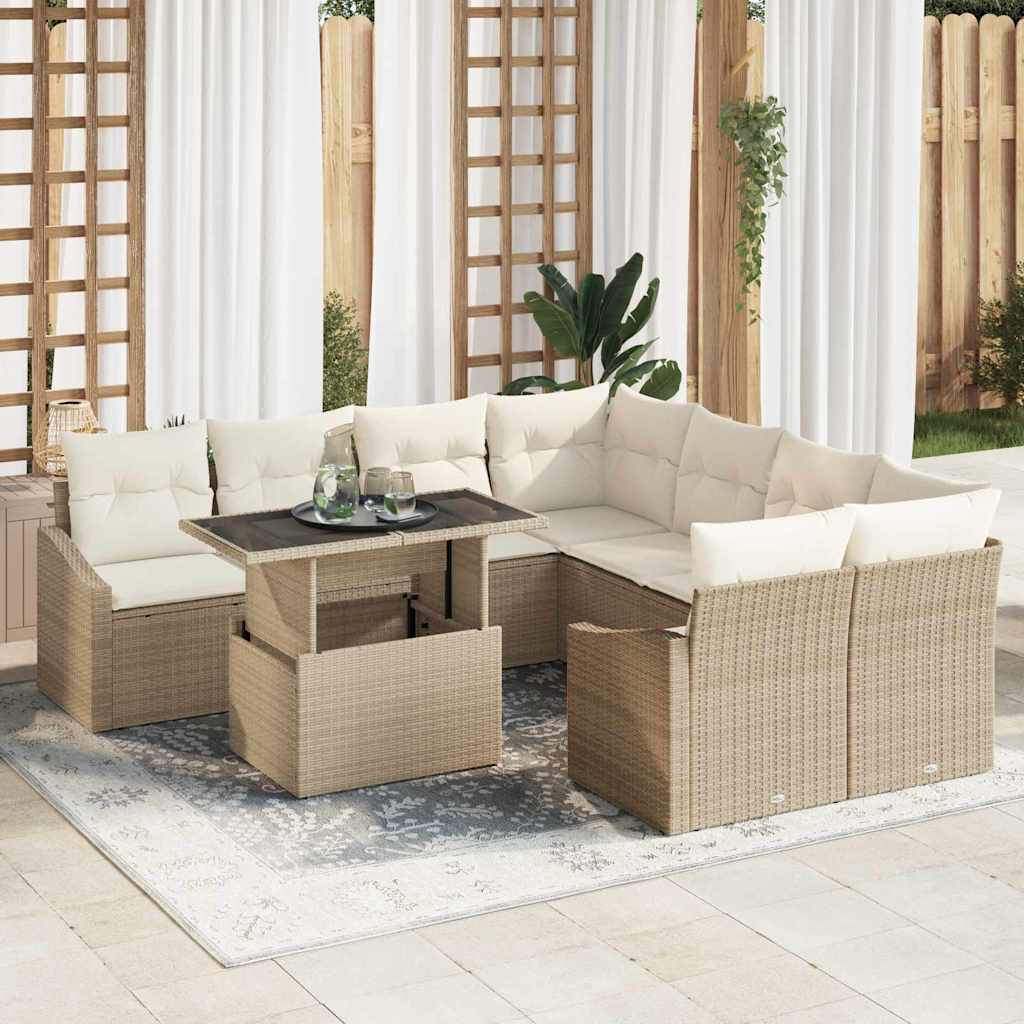 Set Divano da Giardino 9 pcs Beige e Crema polyrattan | homemem39