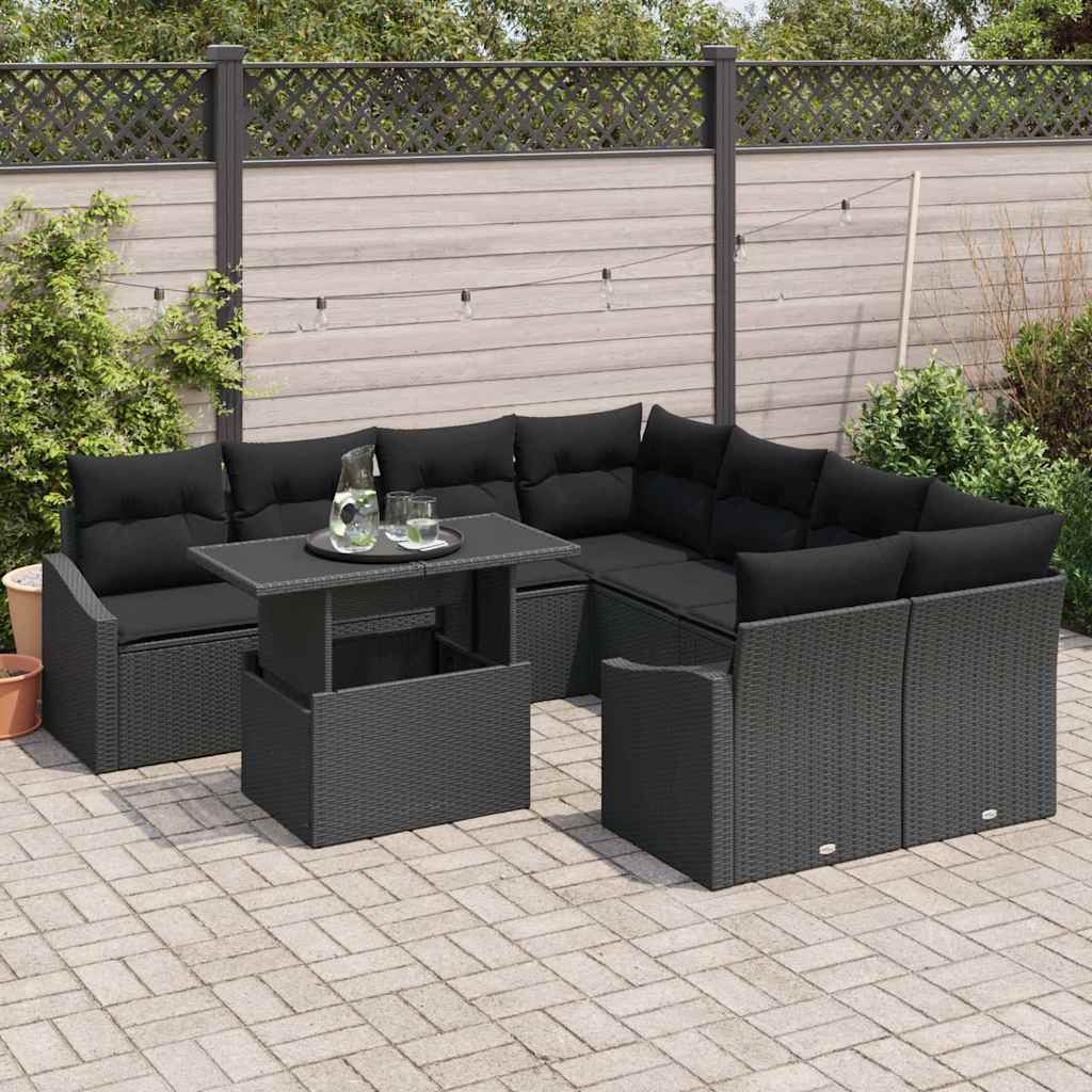 Set Divano da Giardino con cuscino 9 pcs Nero polyrattan | homemem39