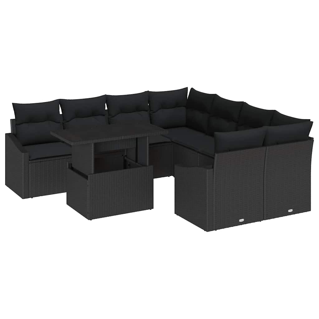 Set Divano da Giardino con cuscino 9 pcs Nero polyrattan | homemem39