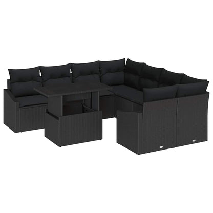 Set Divano da Giardino con cuscino 9 pcs Nero polyrattan | homemem39