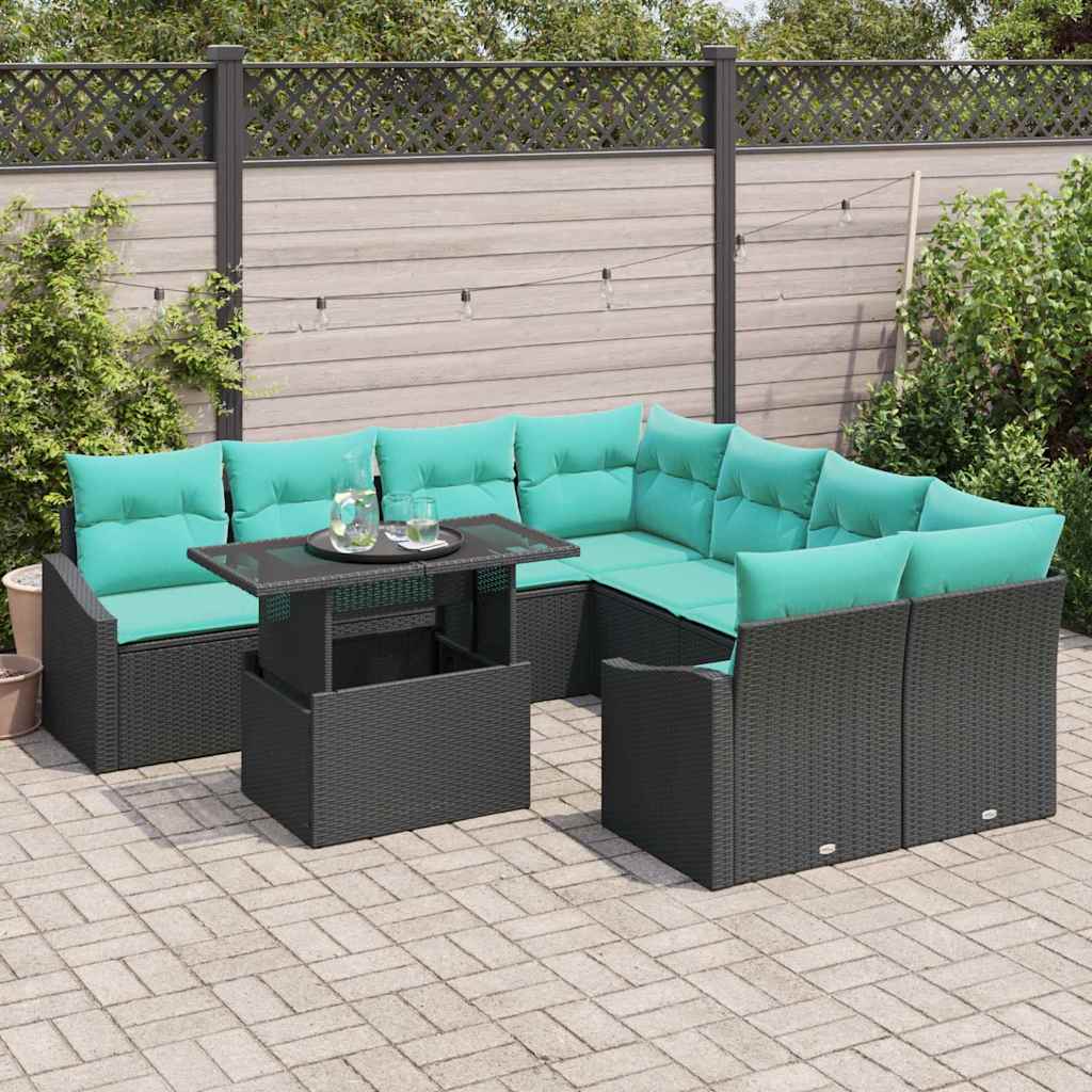 Set Divano da Giardino con cuscino 9 pcs Nero e blu polyrattan | homemem39