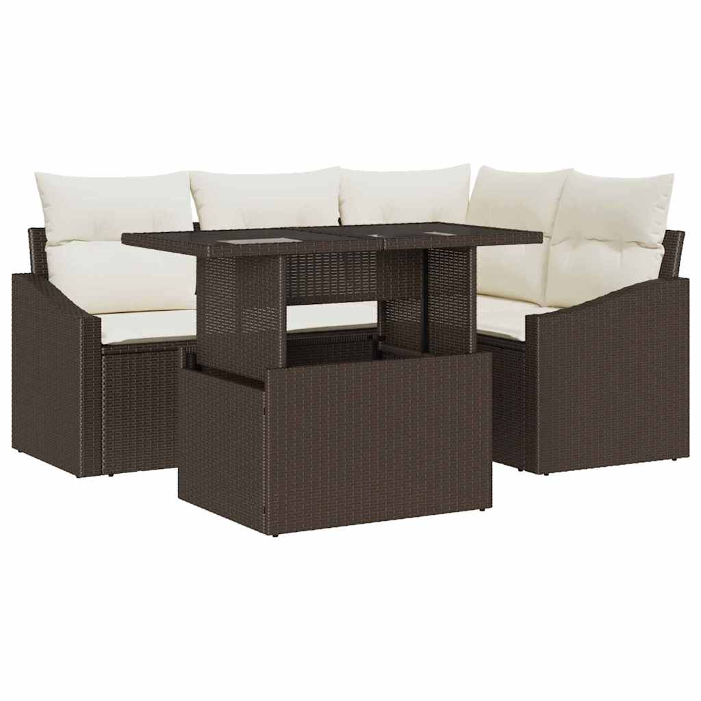 Set Divano da Giardino 5 pcs Marrone e Crema polyrattan | homemem39