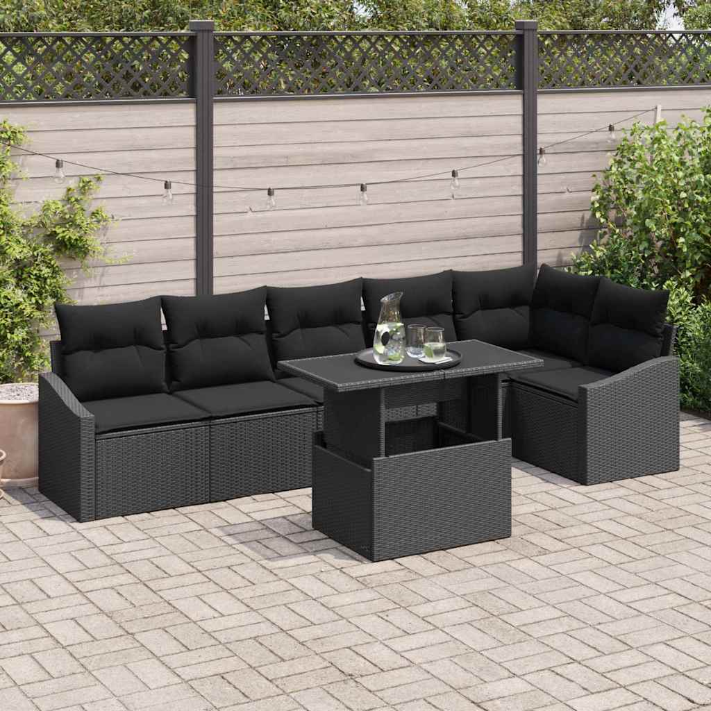Set Divano da Giardino con cuscino 7 pcs Nero polyrattan | homemem39