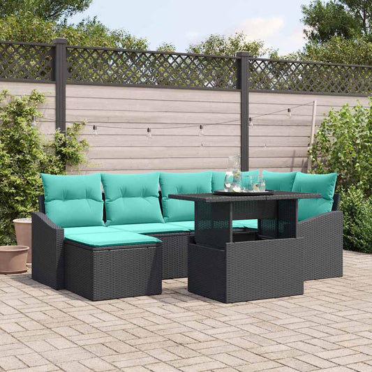 Set di divani con cuscino 7 pcs Nero e Blu Poly Rattan | homemem39