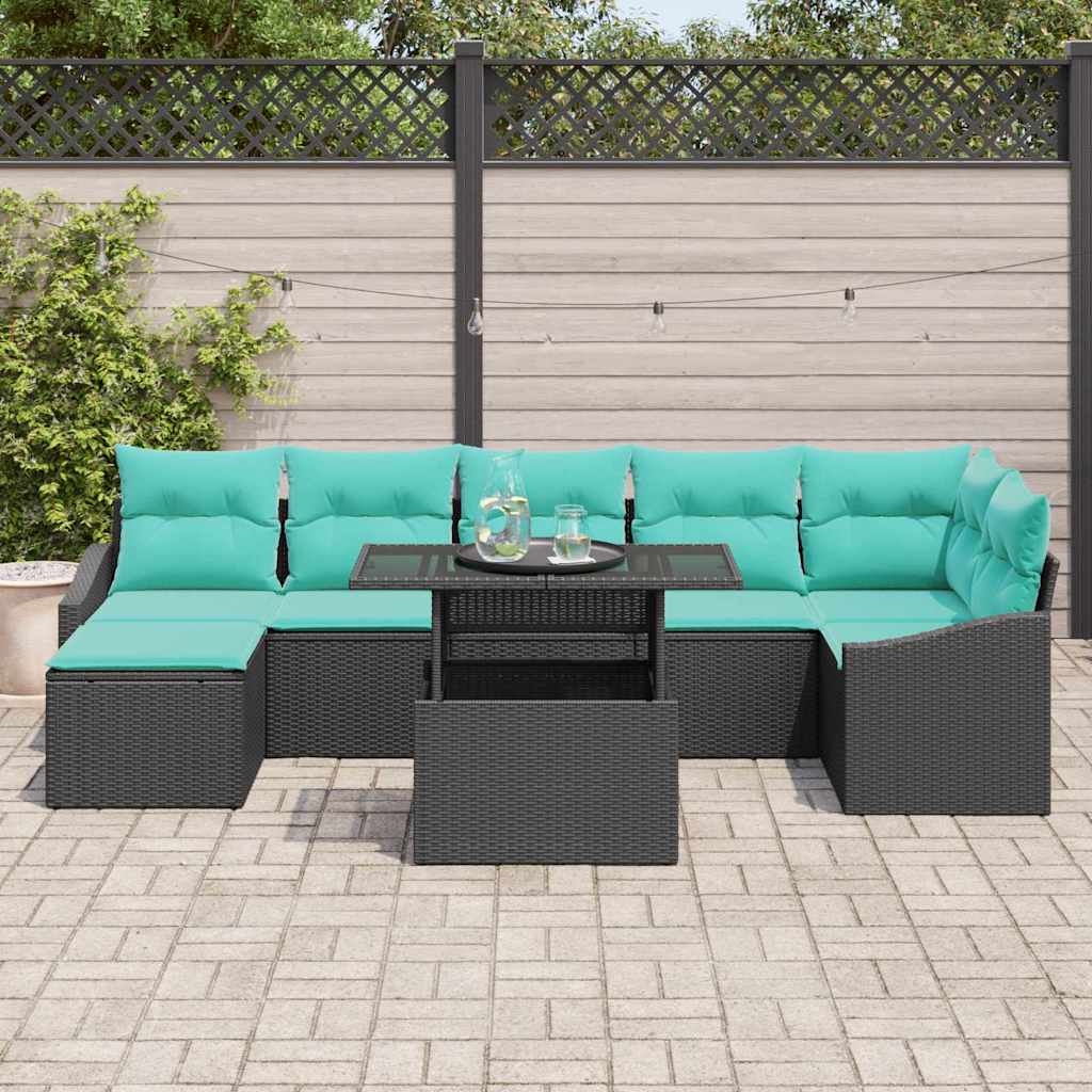 Set Divano da Giardino con cuscino 8 pcs Nero e Blu polyrattan | homemem39