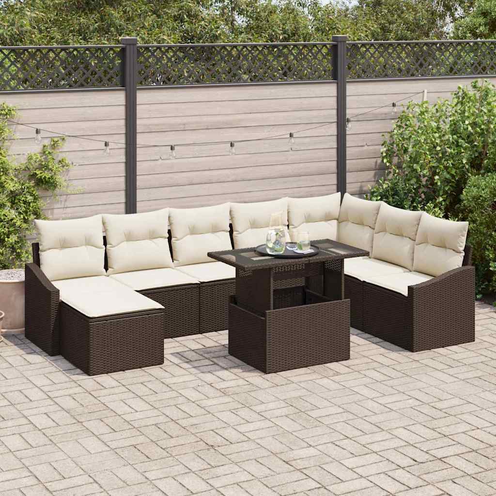 Set di divani con cuscino 9 pcs Marrone e Crema polyrattan | homemem39